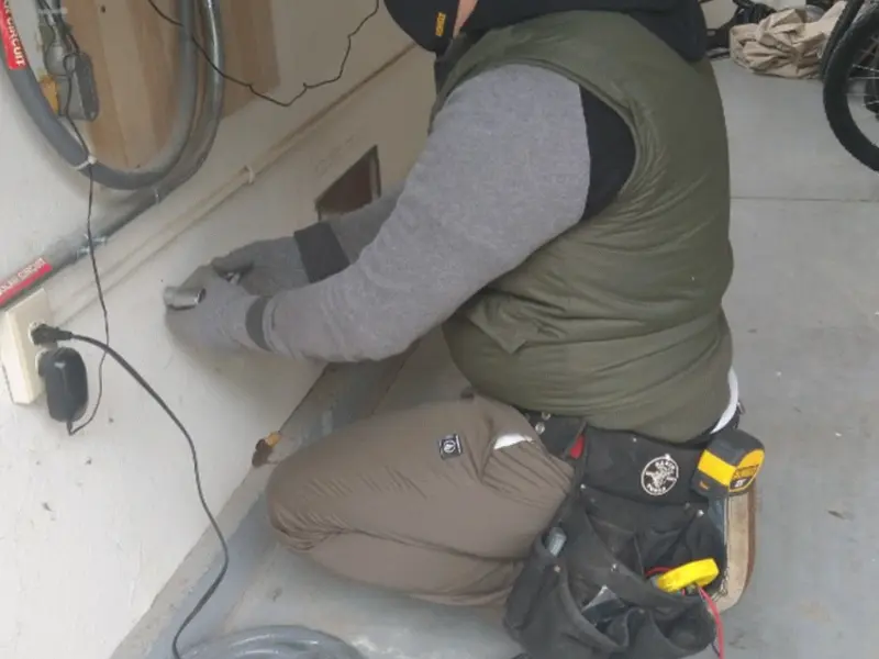Electrician performing outlet wiring in a Simpsonville garage